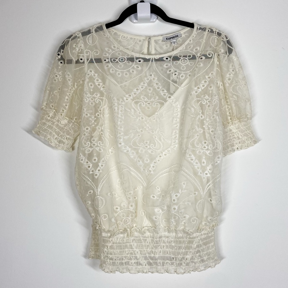 Express Blouse Boho Embroirdered Sheer Short Sleeve Smocked Hems NEW